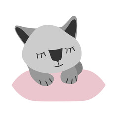 Hand drawn gray vector illustration a portrait of a beautiful fun adult young cat is sleeping on a pink pillow on a white background