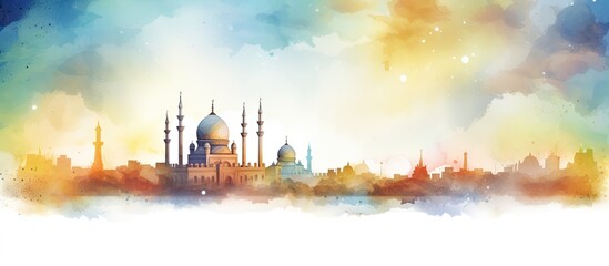 Watercolor illustration of Mosque and Arabic calligraphy wishing a blessed month of Ramadan to Muslims and Arabs - obrazy, fototapety, plakaty