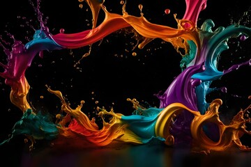 A photorealistic 3D rendering of a dark background illuminated by a vibrant splash of colorful paint, water, or smoke, forming an abstract and dynamic pattern.