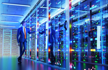 Modern server room, corridor in data centre with Supercomputer racks and businessman monitoring  working process. 3D rendering illustration