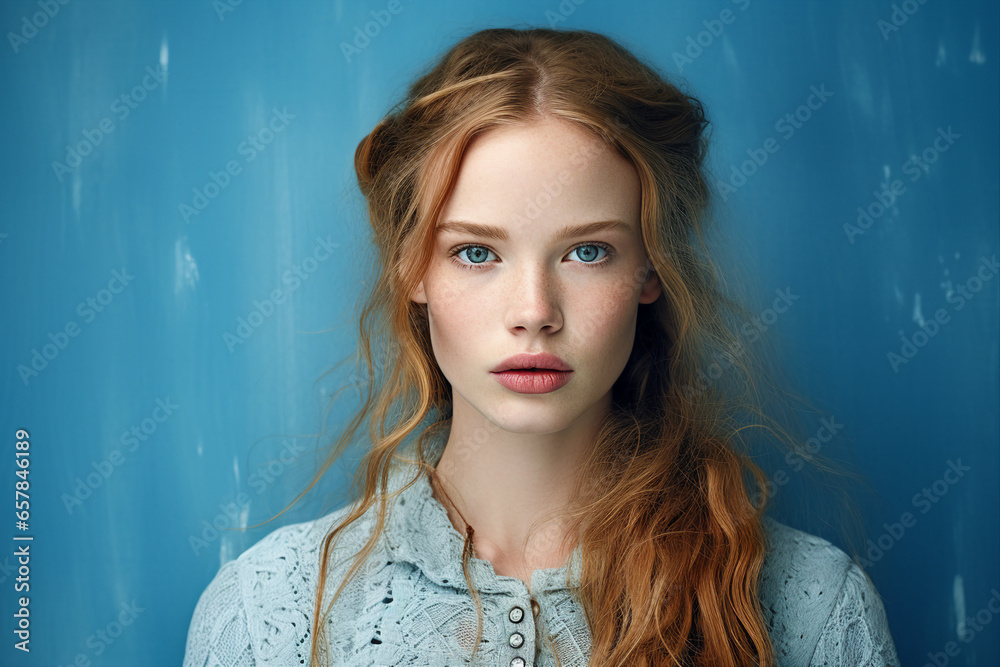 Wall mural generative ai portrait of young woman natural beauty wear winter season clothes isolated on blue col