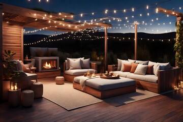 A photorealistic 3D rendering of a comfortable rooftop patio area with a lounging area, a hanging chair, and string lights at dusk in the summer. 