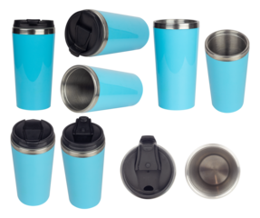 set thermos mug metal thermos isolated from background	