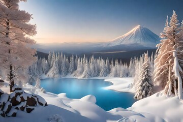 A photorealistic 3D rendering of a winter wonderland with snow-capped mountains, frozen lakes, and...