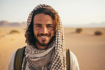 Muurstickers Young arab man in national clothes and turban Muslim man Saudi african moroccan yemenite persian men generative ai © deagreez