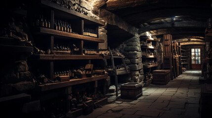 A wine cellar filled with vintage bottles, low ambient light, cobblestone walls, wooden racks