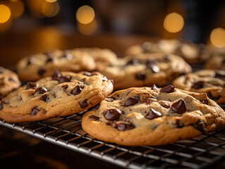chocolate chip cookies cooling on a wire rack, melty chocolate chunks glistening, focus on one central cookie, golden ambient kitchen lighting
