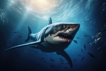 Fototapeta premium A powerful and majestic great white shark gracefully glides through the clear blue ocean. Perfect for marine life enthusiasts and educational materials about sharks.