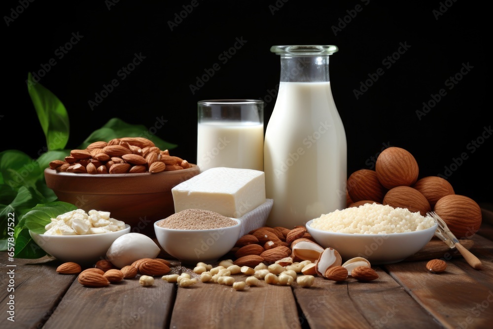 Aufkleber a wooden table with bowls of nuts and milk. perfect for food and nutrition-related projects.
