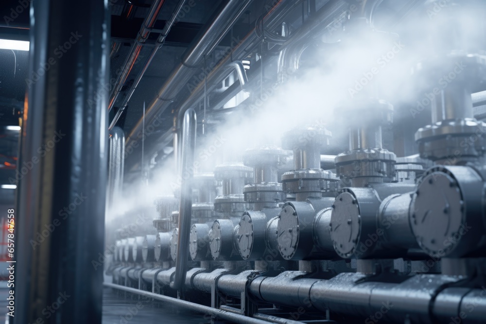 Poster a picture of a bunch of pipes with steam coming out of them. this image can be used to depict indust
