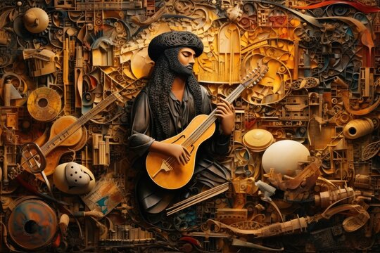 A man is holding a guitar in front of a wall filled with various musical instruments. This picture can be used to represent musicians, music enthusiasts, or the love for playing instruments.
