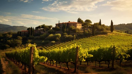 Fotobehang uscan vineyard during golden hour, rolling hills covered with grapevines, sun casting warm light, traditional Italian farmhouse in the distance © Marco Attano