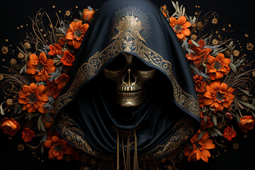 Human skull and flowers on a black background santa muerto mexican day traditional embroidery pattern generative AI - obrazy, fototapety, plakaty