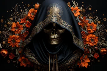 Fotobehang Human skull and flowers on a black background santa muerto mexican day traditional embroidery pattern generative AI © deagreez