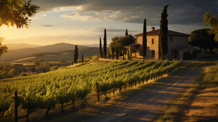 uscan vineyard during golden hour, rolling hills covered with grapevines, sun casting warm light,...