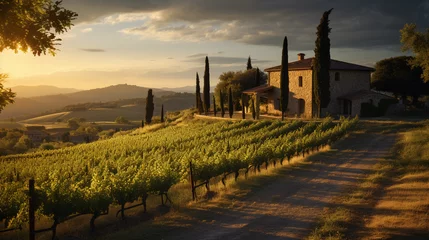 Foto op Aluminium uscan vineyard during golden hour, rolling hills covered with grapevines, sun casting warm light, traditional Italian farmhouse in the distance © Marco Attano
