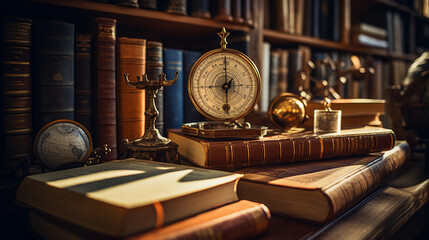 Stack of textbooks on a wooden desk, focused lighting, in a vintage - styled library, antique leather - bound books, mathematical tools like compass and ruler beside them - obrazy, fototapety, plakaty