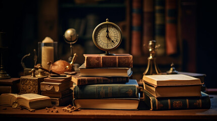 Stack of textbooks on a wooden desk, focused lighting, in a vintage - styled library, antique leather - bound books, mathematical tools like compass and ruler beside them