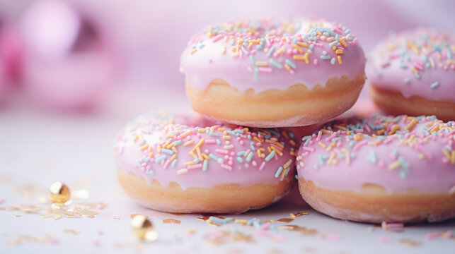Soft - focus, ethereal image of donuts stacked in a pyramid shape, pastel colors, surrounded by scattered sprinkles, fairy tale atmosphere