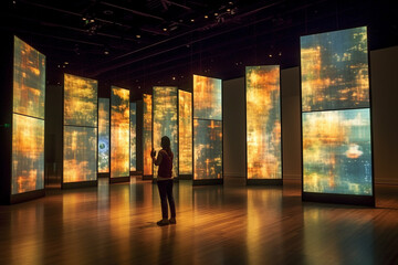 Man stands in hall of digital art exebition