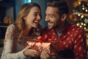 Obraz na płótnie Canvas young couple giving each other Christmas presents
