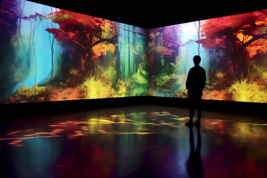 Man stands in hall of digital art exebition