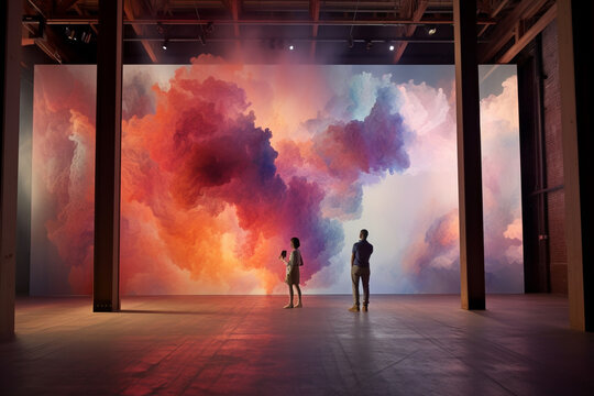Man stands in hall of digital art exebition