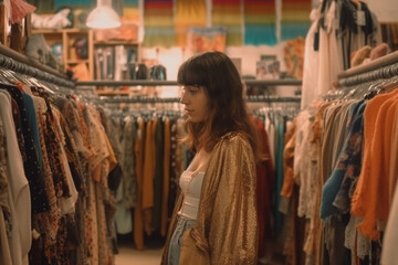 Obraz premium Woman choosing clothes in secondhand store