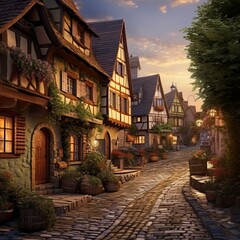 Fototapeta na wymiar A charming cobblestone street meanders through an idyllic European village, lined with quaint cottages