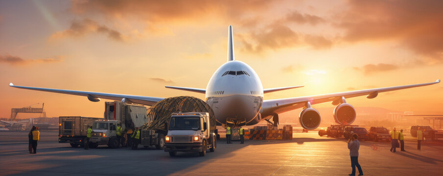 Cargo plane being loaded or unloaded with freight at a bustling airport