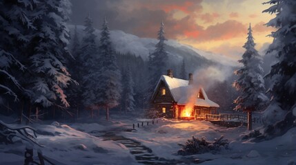 A charming cottage nestled in a tranquil forest blanketed by freshly fallen snow, with smoke gently rising from its chimney into the crisp winter air