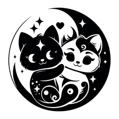 Yin yang kittens. Cute cats black silhouette on a transparent background. Round pattern in Asian style. Vector outline for stencil.