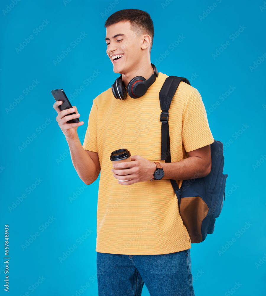 Poster male student, smile and smartphone while texting in studio with mockup for communication on blue bac