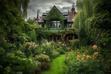 Fototapeta na wymiar Stunning house in a lush dream garden. Generative AI