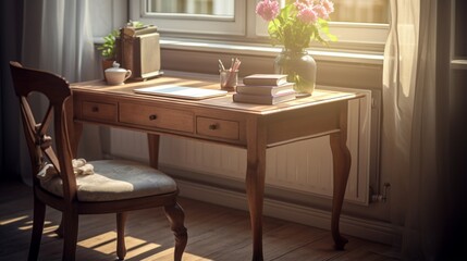 a classic writing desk bathed in soft, natural light, highlighting its timeless elegance