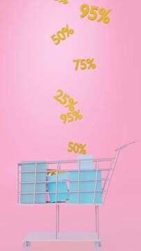 Vertical shopping sale concept: cart with blue gift boxes on pink background. Marketing 3d render concept with yellow sale tags.