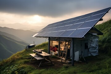 solar power beside shelter in hilly landscape. Generative AI - obrazy, fototapety, plakaty