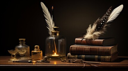 a crystal inkwell, a feather quill, and a stack of fine-quality stationery - obrazy, fototapety, plakaty