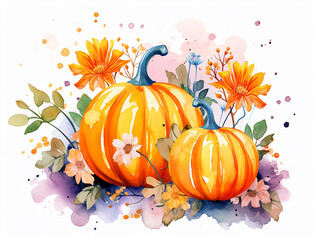 Naklejka premium Watercolor falling illustration of pumpkins and flowers on white