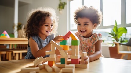 A group of children playing together and building with wooden blocks. - obrazy, fototapety, plakaty