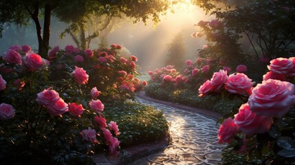 a dew-kissed rose garden, where the delicate drops of water cling to the velvety petals, refracting the morning sun