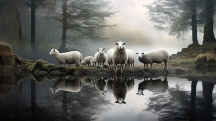 A family of sheep gathered around a tranquil pond, their reflections mirrored in the calm waters - obrazy, fototapety, plakaty