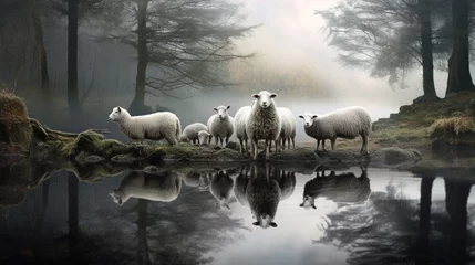 Selbstklebende Fototapeten A family of sheep gathered around a tranquil pond, their reflections mirrored in the calm waters © Shahzaib