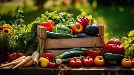 A sustainable harvest: Fresh veggies in an eco-friendly crate, bathed in sunlight. This wholesome scene not only delights the senses but also embodies a commitment to sustainability and healthy living
