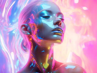 Portrait of a beautiful futuristic woman with flawless holographic skin