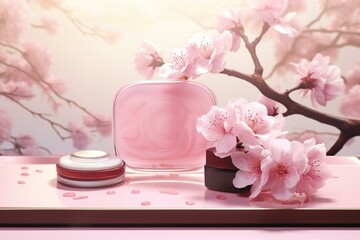 Beautiful sakura illustration with coasters and a lovely spring perfume on a 3D background. Generative AI