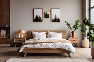 Scandinavian style interior design of modern bedroom. Wood bed with white bedding and bedside cabinets.