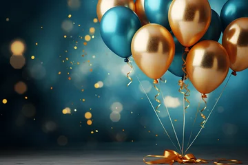 Foto op Aluminium Holiday background with golden and blue metallic balloons, confetti and ribbons. Festive card for birthday party, anniversary, new year, christmas or other events.  © MOUNSSIF