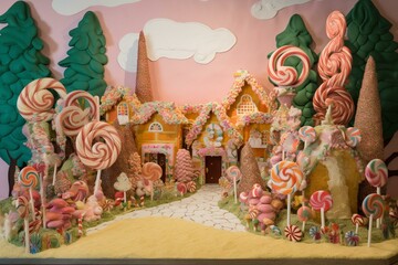 A whimsical candyland with gingerbread houses and lollipop trees. Generative AI