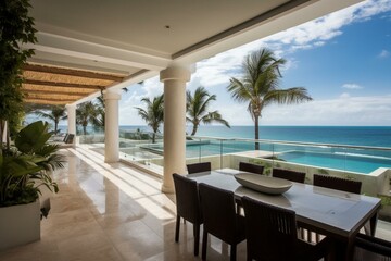 Luxurious beachfront home with open-plan kitchen, dining, living room, terrace, and pool. Ideal for large families on vacation or holiday. Generative AI